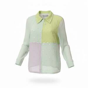 Diane Gilman Vintage 100% Silk Colorblock Pearl and Button Embellished Zip-Up Bl